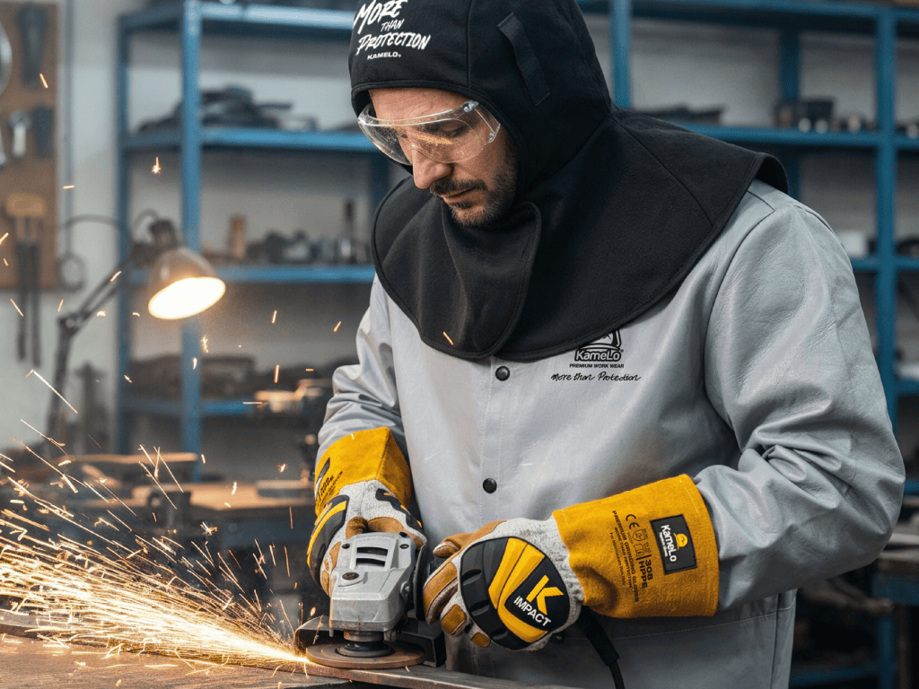 Worker wearing KameLo protective equipment during grinding work